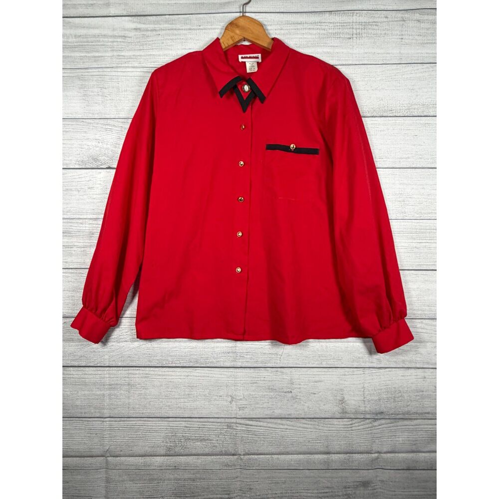 Vintage Judy Bond Womens 14 Red Black Bow Gold Button Secretary Blouse 4146